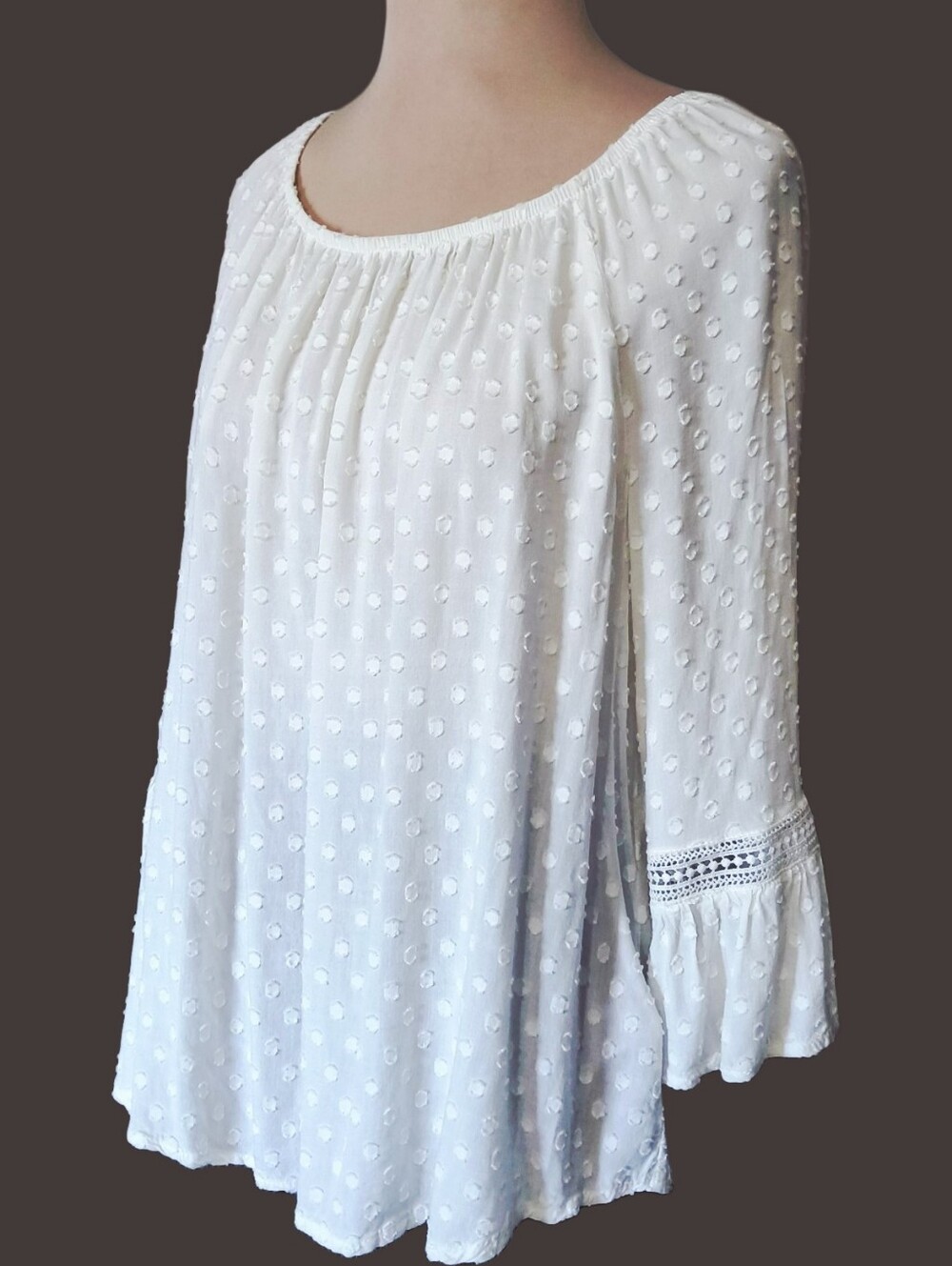 Cupio White Swiss Dot Boho Peasant Tunic Size Large - Cottagecore Boho Layering
